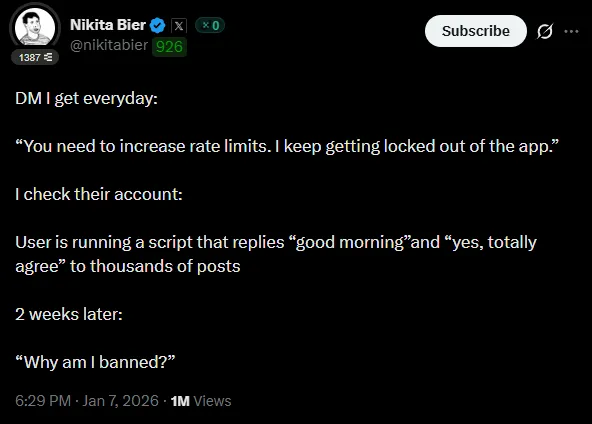 Nikita Bier warning about X spam detection banning automation